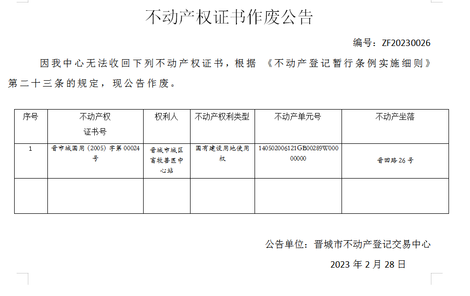 不动产权证书作废公告（七百五十）20230026(图1)