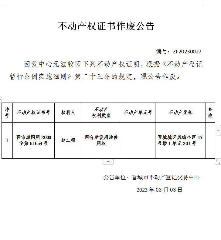 不动产权证书作废公告（七百五十一）20230027(图1)