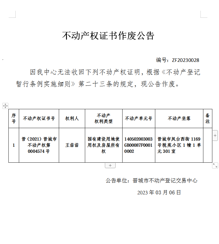 不动产权证书作废公告（七百五十二）20230028(图1)