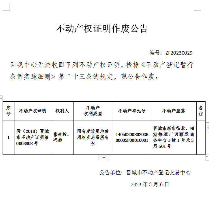 不动产权证书作废公告（七百五十三）20230029(图1)