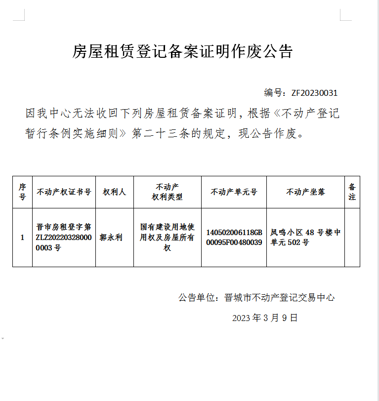 房屋租赁登记备案证明作废公告（七百五十五）20230031(图1)