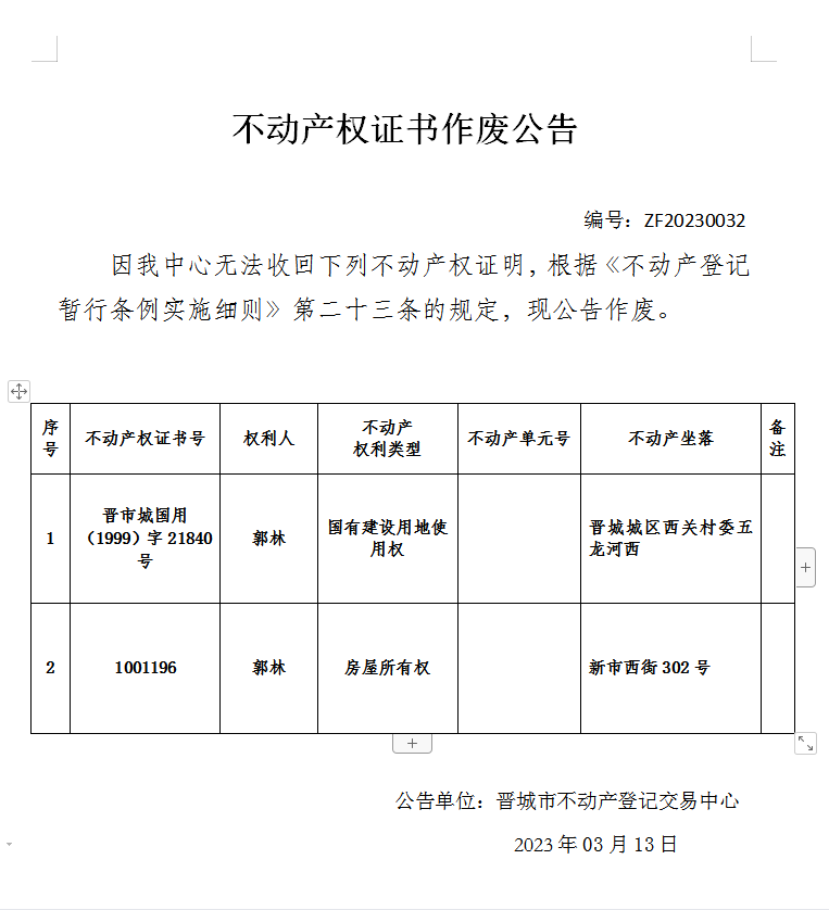 不动产权证书作废公告（七百五十六）20230032(图1)