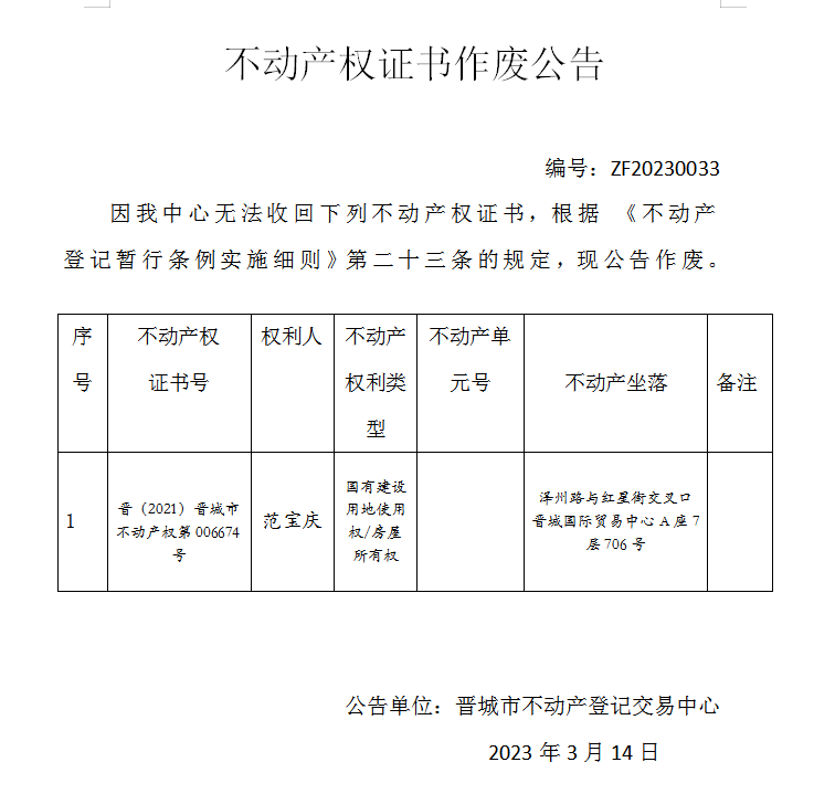 不动产权证书作废公告（七百五十七）20230033(图1)