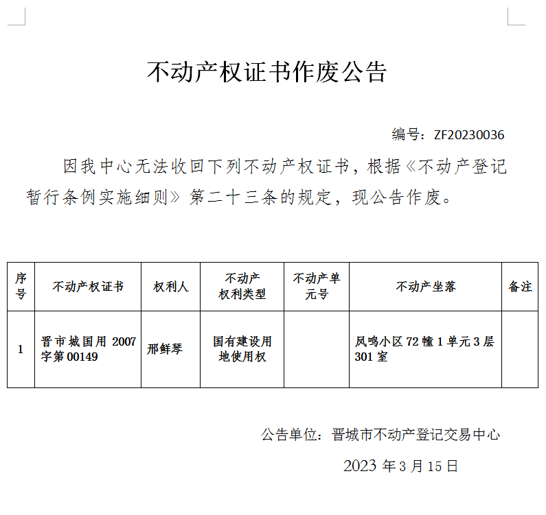 不动产权证书作废公告（七百六十）20230036(图1)