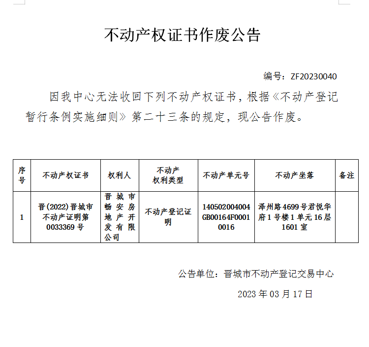不动产权证书作废公告（七百六十四）20230040(图1)