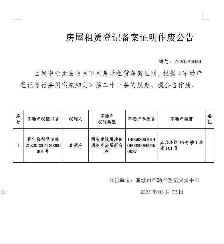 房屋租赁登记备案证明作废公告（七百六十八）20230044(图1)