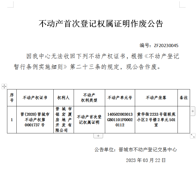 不动产权证书遗失声明（七百六十九）20230045(图1)