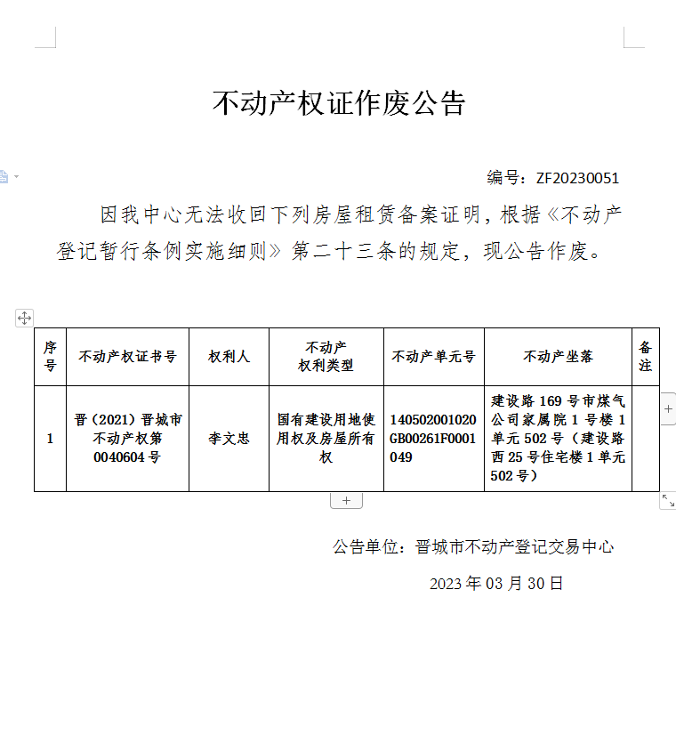 不动产权证作废公告（七百七十五）20230051(图1)