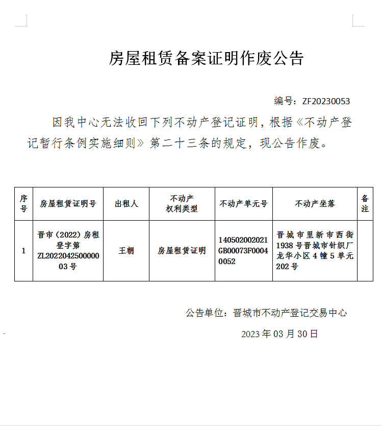房屋租赁证明作废公告（七百七十七）20230053(图1)