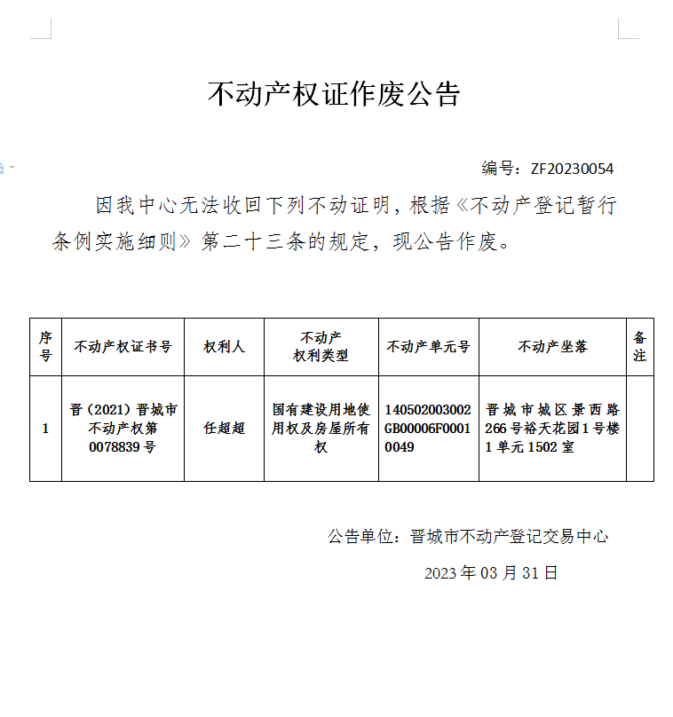 不动产权证作废公告（七百七十八）20230054(图1)