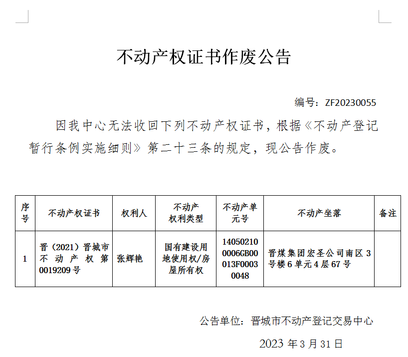 不动产权证作废公告（七百七十九）20230055(图1)