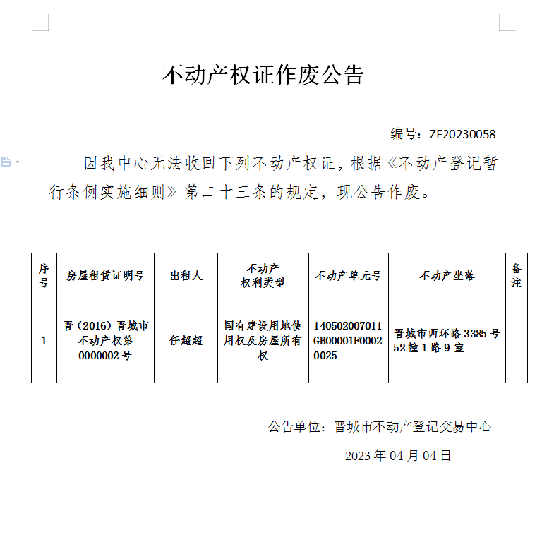 不动产权证作废公告（七百八十二）20230058(图1)