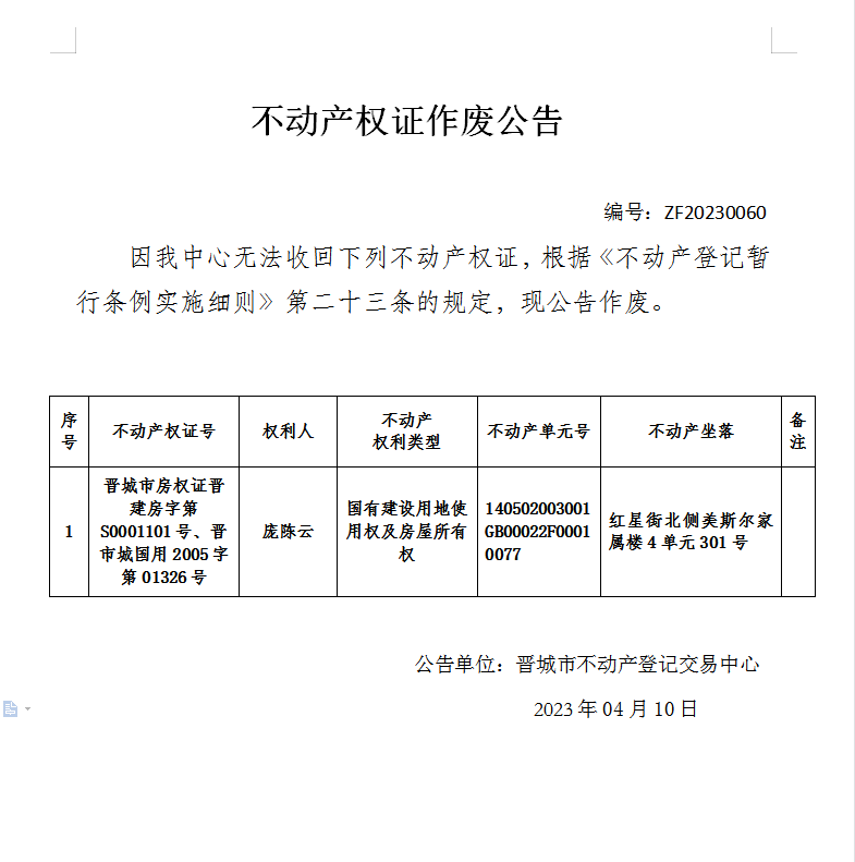 不动产权证书作废公告（七百八十四）20230060(图1)