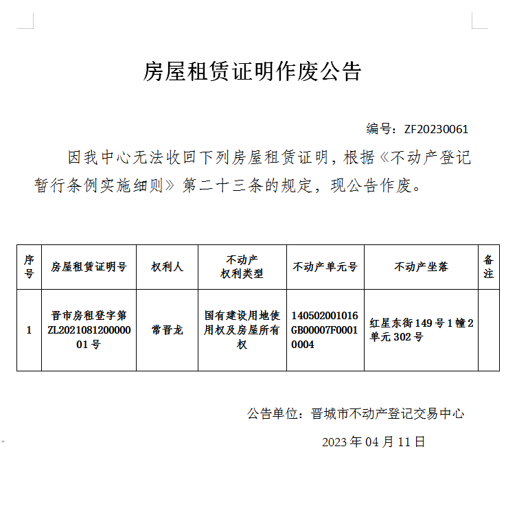 房屋租赁证明作废公告（七百八十五）20230061(图1)
