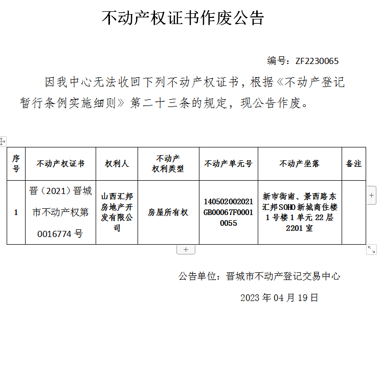 不动产权证书作废公告（七百八十九）20230065(图1)