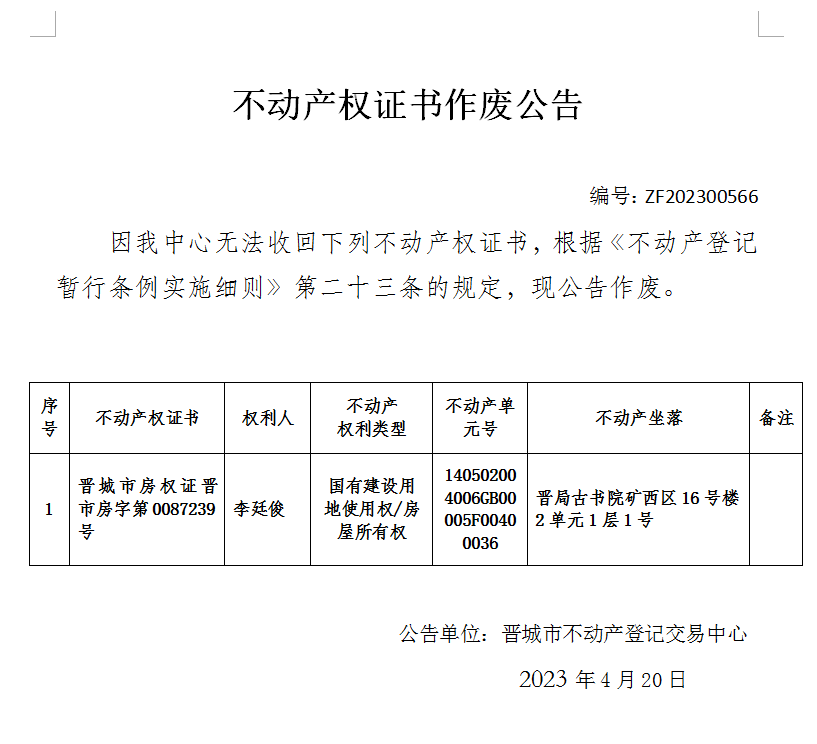 不动产权证书作废公告（七百八十）20230066(图1)