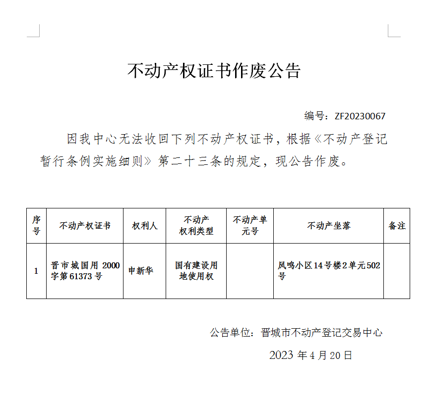 不动产权证书作废公告（七百九十一）20230067(图1)