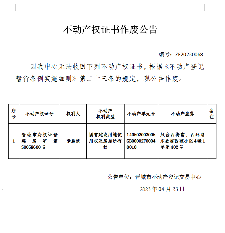 不动产权证书作废公告（七百九十二）20230068(图1)