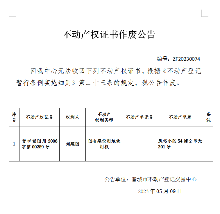 不动产权证书作废公告（七百九十八）20230074(图1)