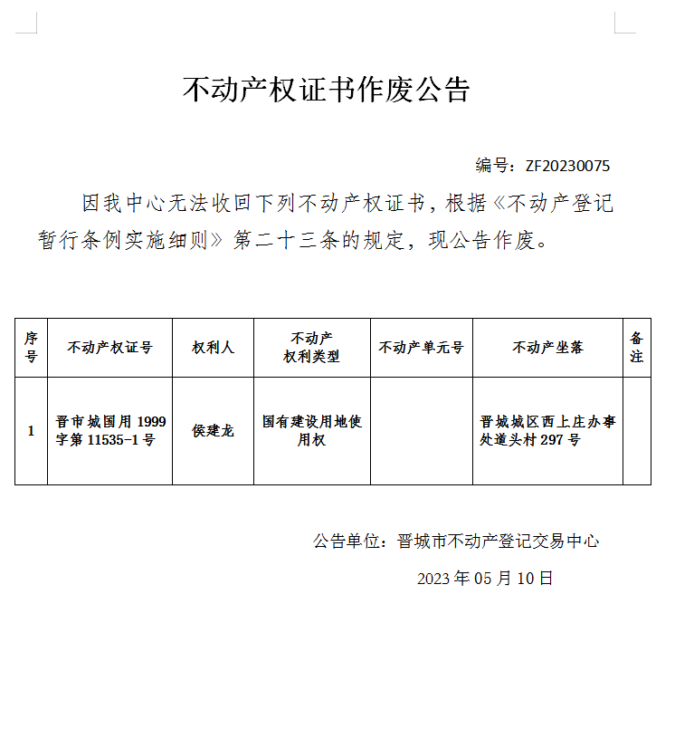 不动产权证书作废公告（七百九十九）20230075(图1)