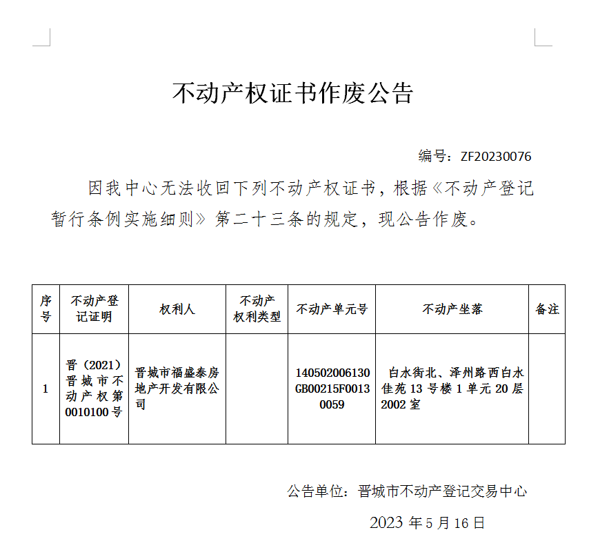 不动产权证书作废公告（八百）20230076(图1)