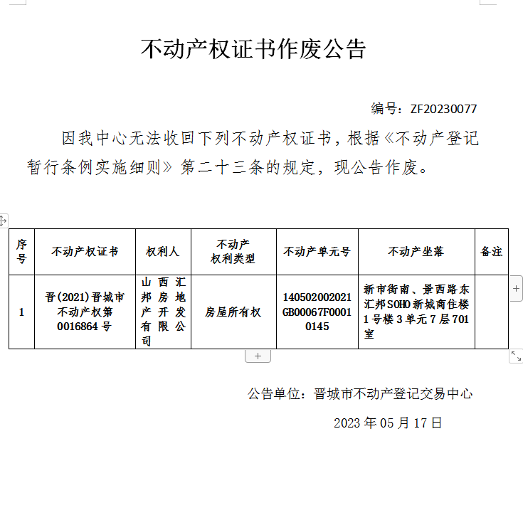 不动产权证书作废公告（八百零一）20230077(图1)