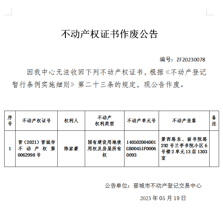 不动产权证书作废公告（八百零二）20230078(图1)