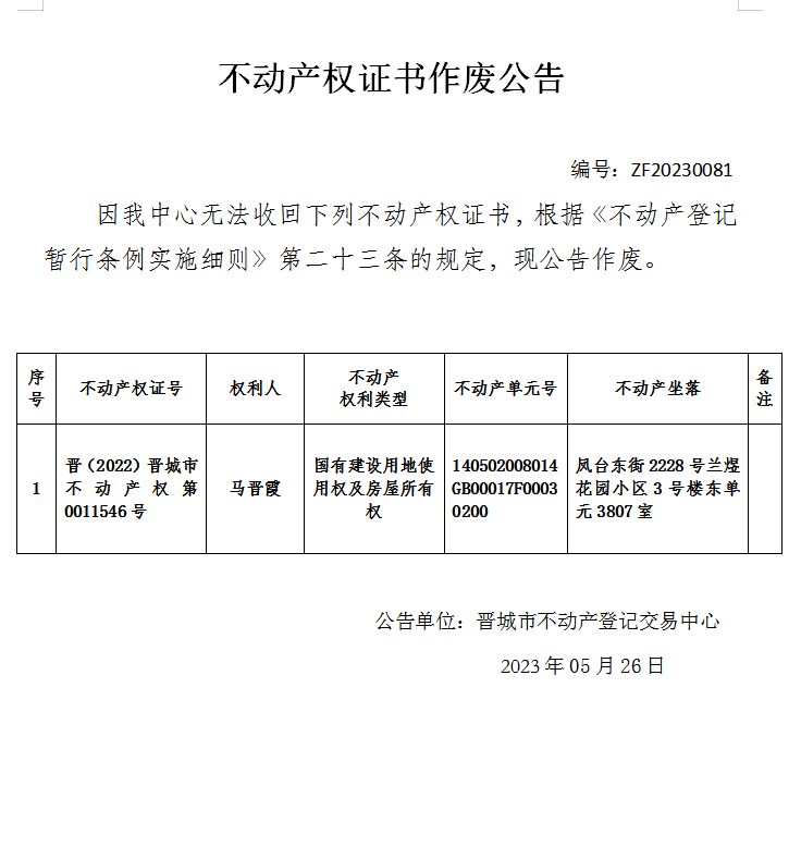 不动产权证书作废公告（八百零五）20230081(图1)