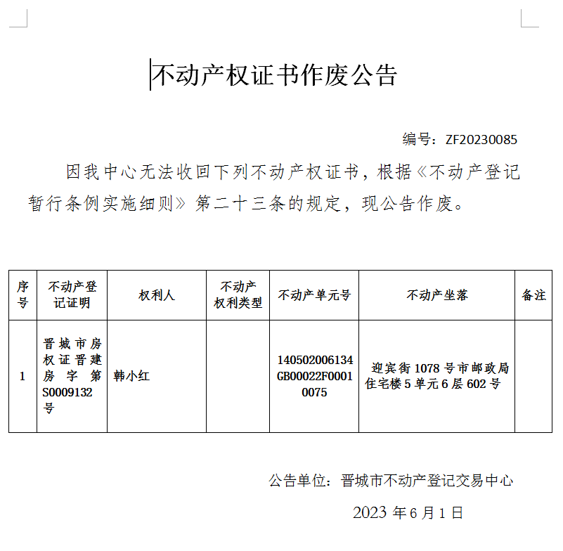 不动产权证书作废公告（八百零九）20230085(图1)