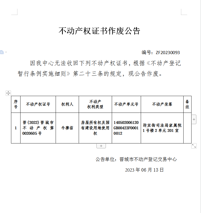 不动产权证书作废公告（八百一十七）20230093(图1)