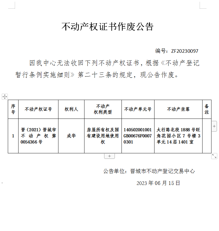 不动产权证书作废公告（八百二十一）20230097(图1)