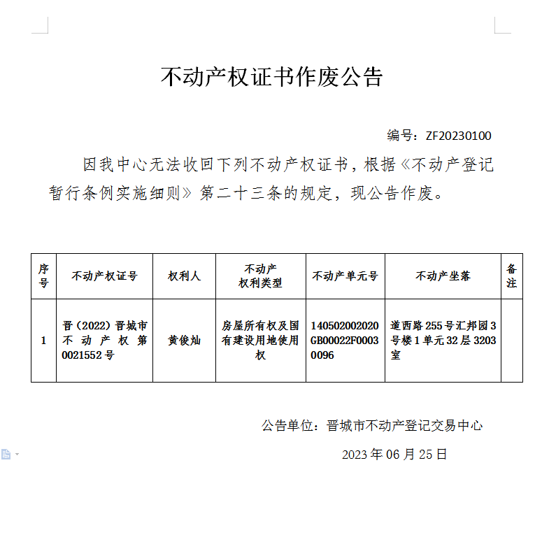 不动产权证书作废公告（八百二十四）20230100(图1)