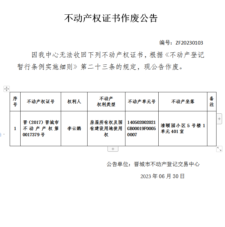 不动产权证明作废公告（八百二十七）20230103(图1)