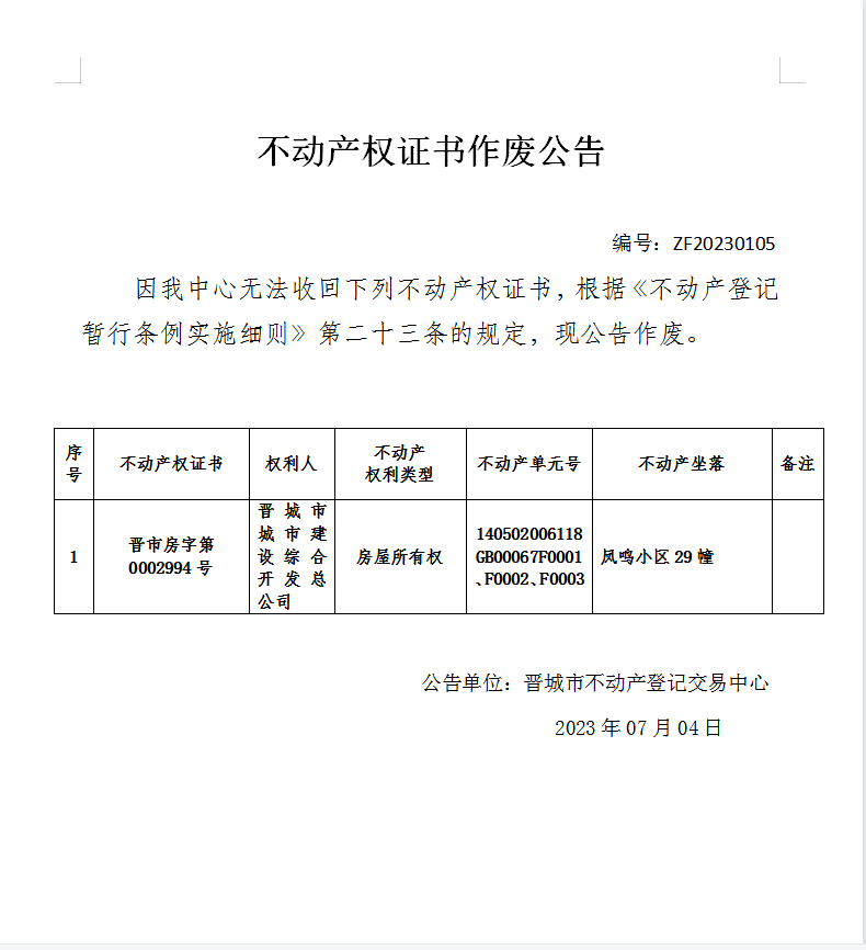 不动产权证书作废公告（八百二十九）20230105(图1)