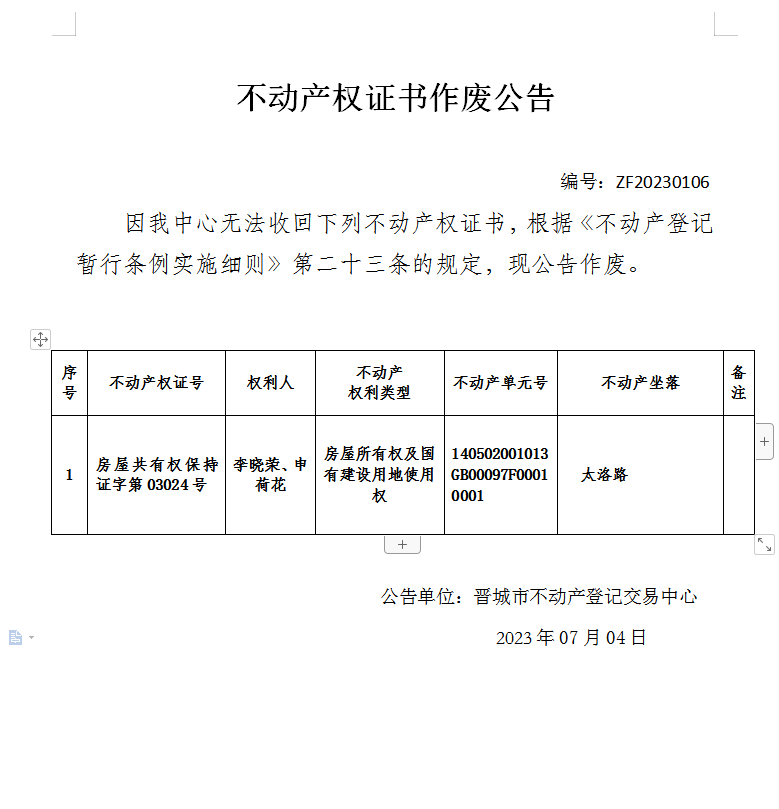 不动产权证书作废公告（八百三十）20230106(图1)