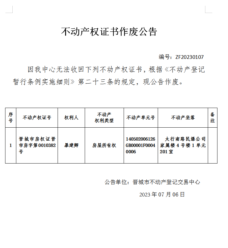 不动产权证书作废公告（八百三十一）20230107(图1)