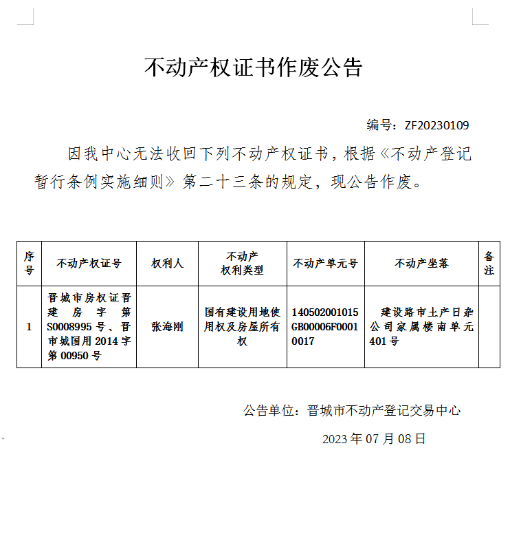 不动产权证书作废公告（八百三十三）20230109(图1)