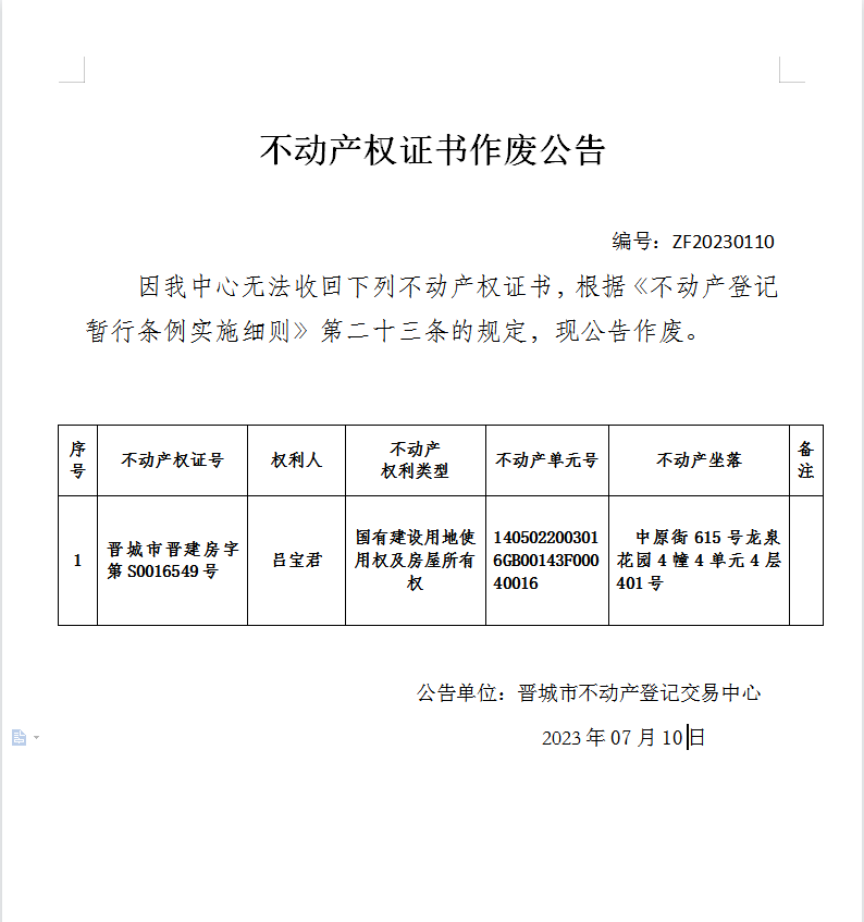 不动产权证书作废公告（八百三十四）20230110(图1)
