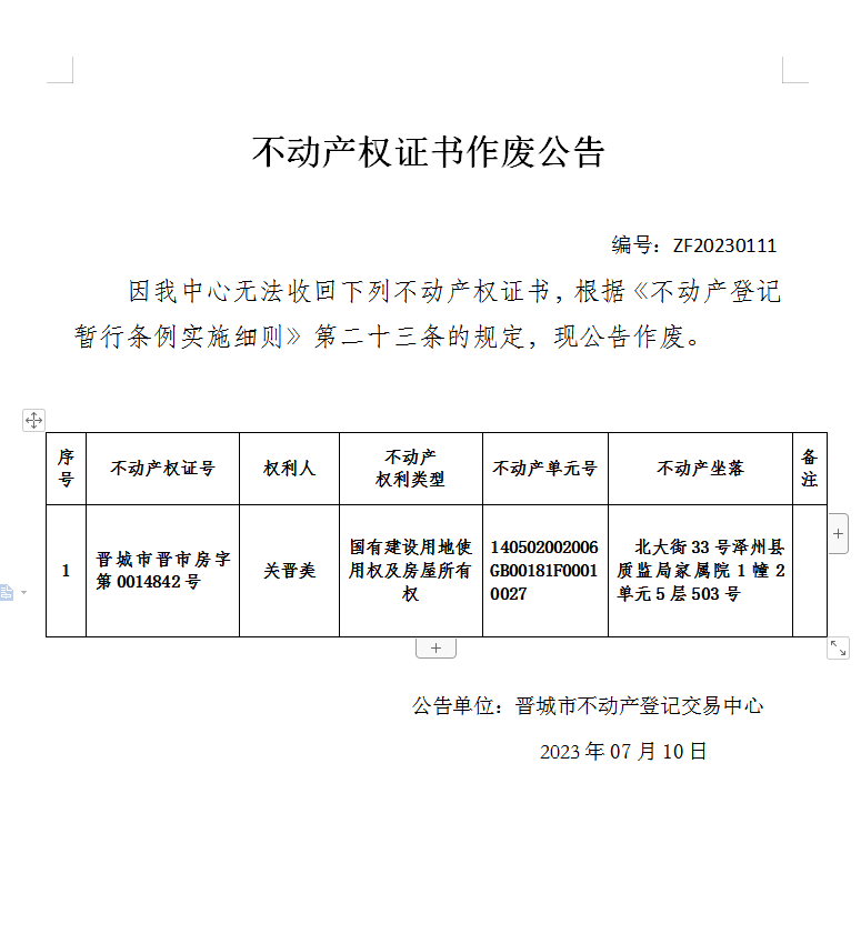 不动产权证书作废公告（八百三十五）20230111(图1)