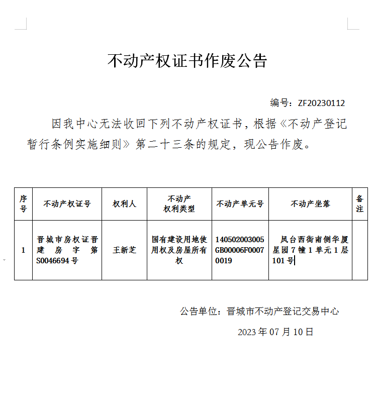 不动产权证书作废公告（八百三十五）20230112(图1)