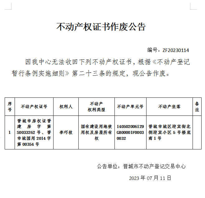 不动产权证书作废公告（八百三十七）20230114(图1)