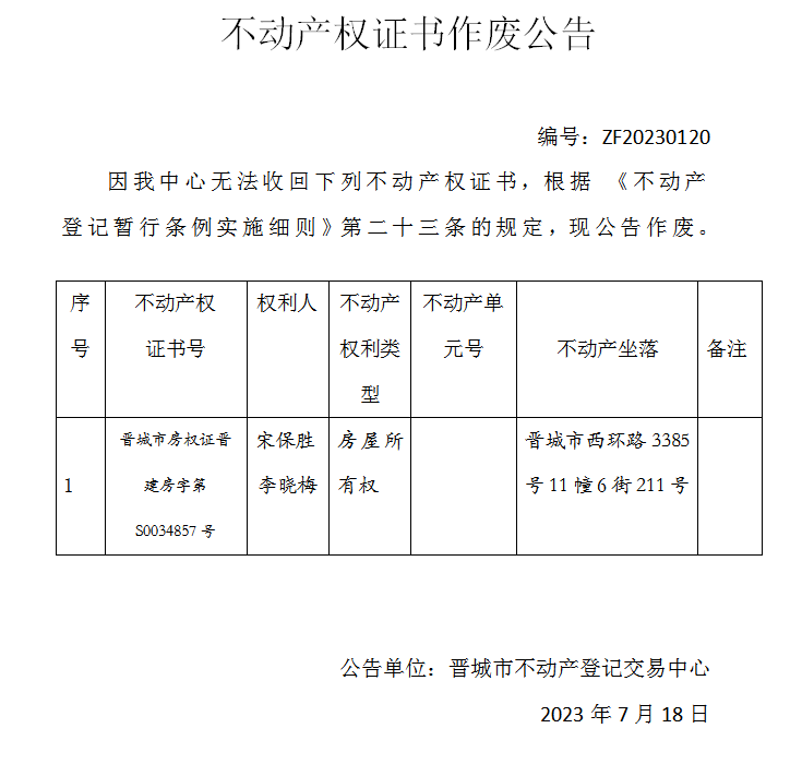 不动产权证书作废公告（八百四十三）20230120(图1)