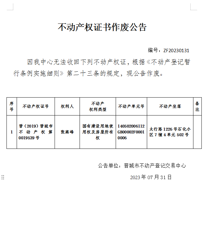 不动产权证书作废公告（八百六十一）20230131(图1)