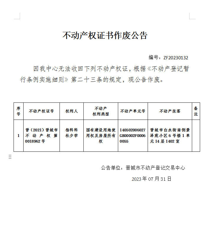 不动产权证书作废公告（八百六十二）20230132(图1)