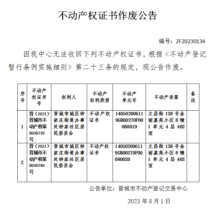 不动产权证书作废公告（八百六十四）20230134(图1)