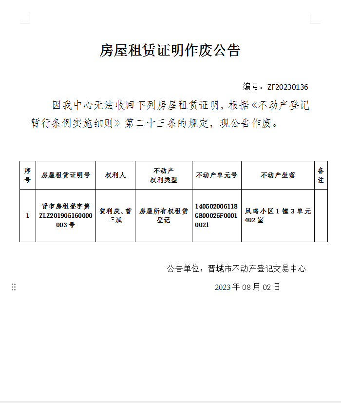 房屋租赁证明作废公告（八百六十六）20230136(图1)