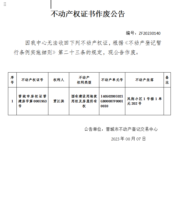 不动产权证书作废公告（八百七十）20230140(图1)