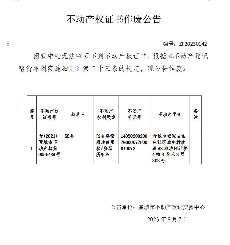 不动产权证书作废公告（八百七十二）20230142(图1)