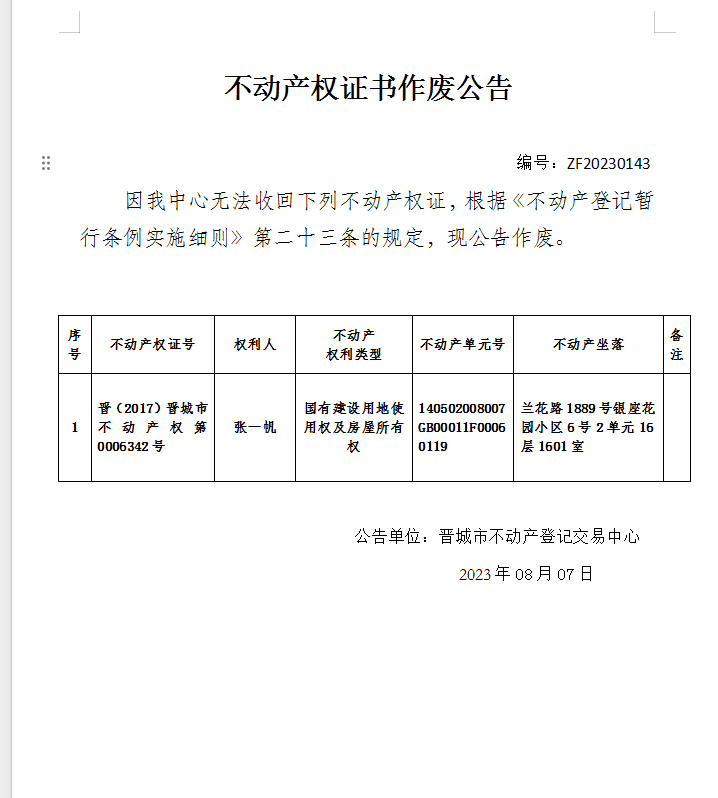 不动产权证书作废公告（八百七十三）20230143(图1)