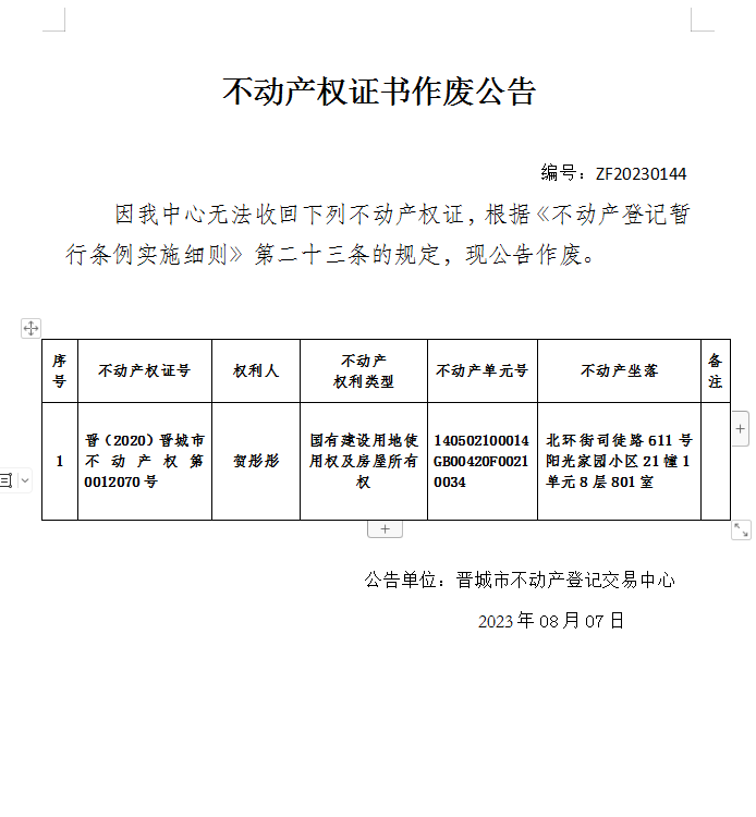 不动产权证书作废公告（八百七十四）20230144(图1)